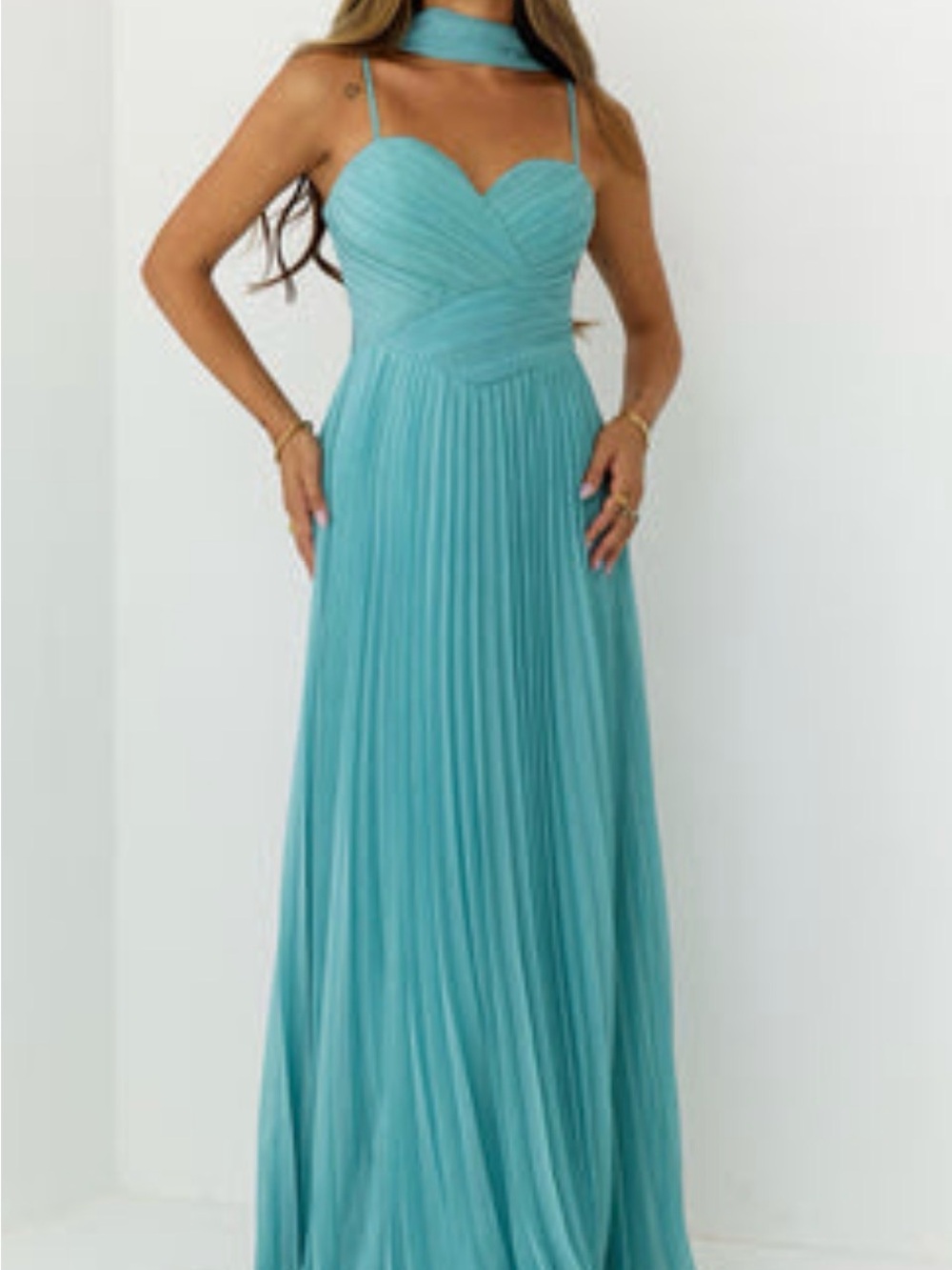 Hello Molly Aqua Pleated Chiffon Maxi Dress with Scarf Neck